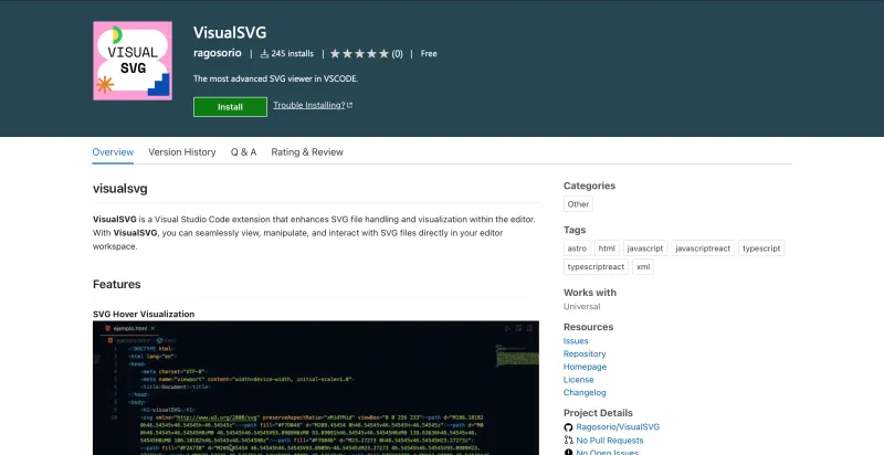 Captura de pantalla del proyecto VisualSVG VSCODE Extension